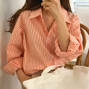 상큼한칼라 세로줄무늬 오버핏 긴팔셔츠 블라우스 여성 만능코디 루즈핏 베이직 긴팔 셔츠 남방